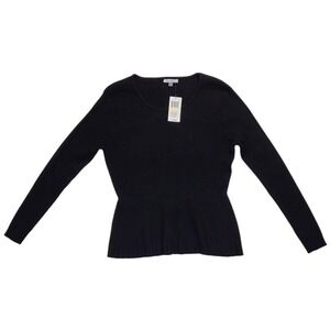 Vita Milano Women's Black Ribbed Knit Peplum Scoop‎ Neck Sweater Size Medium NWT
